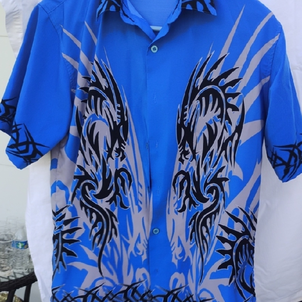 Vintage Blue and Black Graphic Button Down Shirt